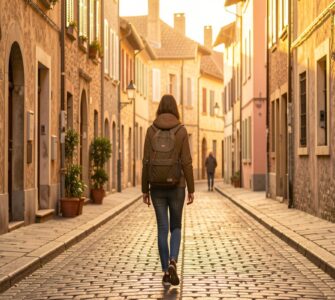 Femme voyageant seule dans une rue pavée européenne au coucher du soleil, symbole de liberté et de voyage solo