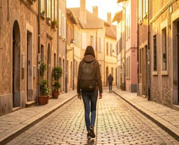 Femme voyageant seule dans une rue pavée européenne au coucher du soleil, symbole de liberté et de voyage solo