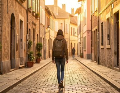 Femme voyageant seule dans une rue pavée européenne au coucher du soleil, symbole de liberté et de voyage solo