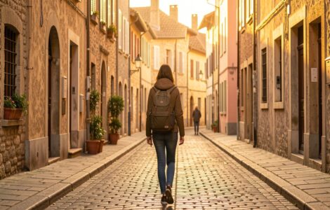 Femme voyageant seule dans une rue pavée européenne au coucher du soleil, symbole de liberté et de voyage solo
