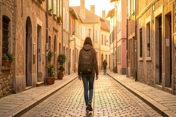 Femme voyageant seule dans une rue pavée européenne au coucher du soleil, symbole de liberté et de voyage solo