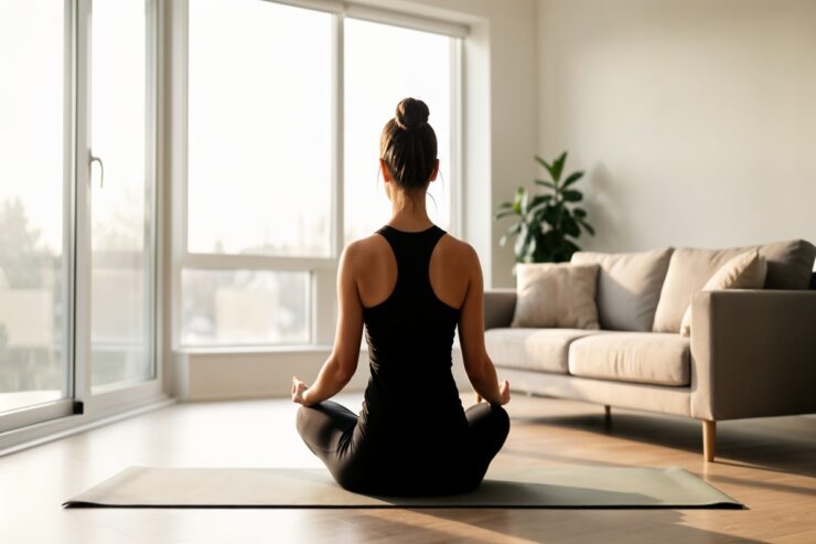 Femme pratiquant le yoga à la maison pour se détendre en dix minutes